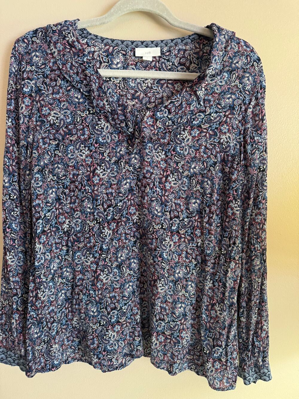 J.Jill Women’s Medium Paisley Print Long Sleeve Rayon Blouse Blue Burgundy